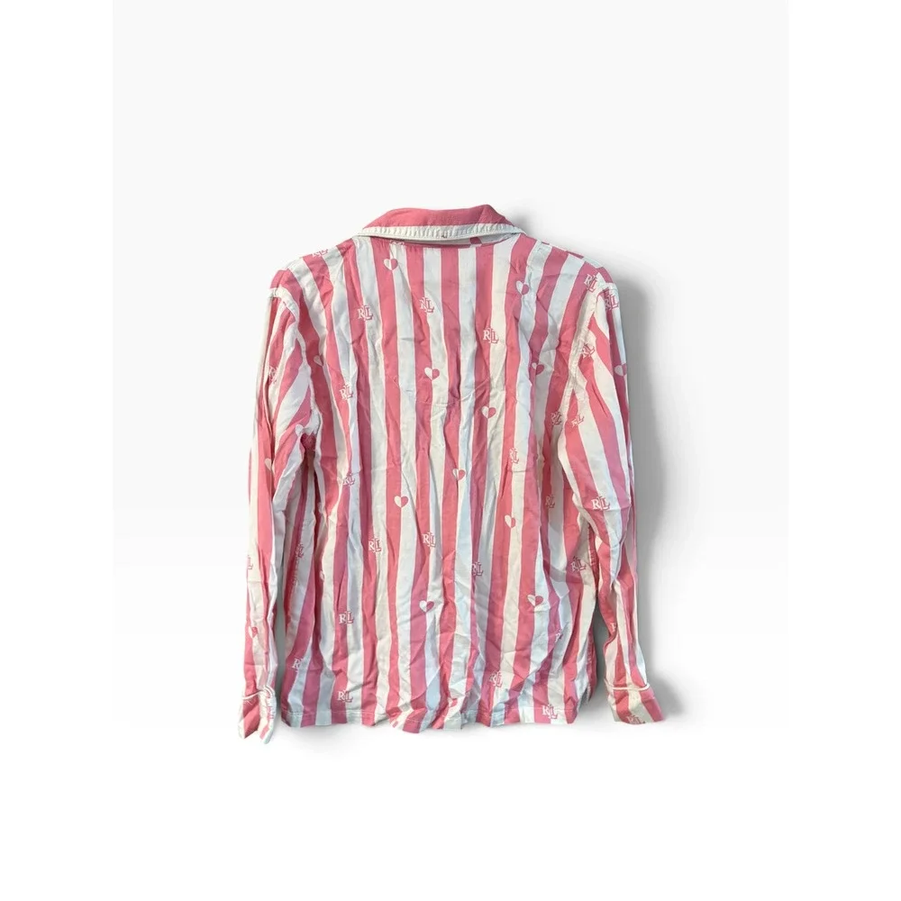 Lauren Ralph Lauren Womens Pink White Striped Heart Monogram Pajama Top Medium